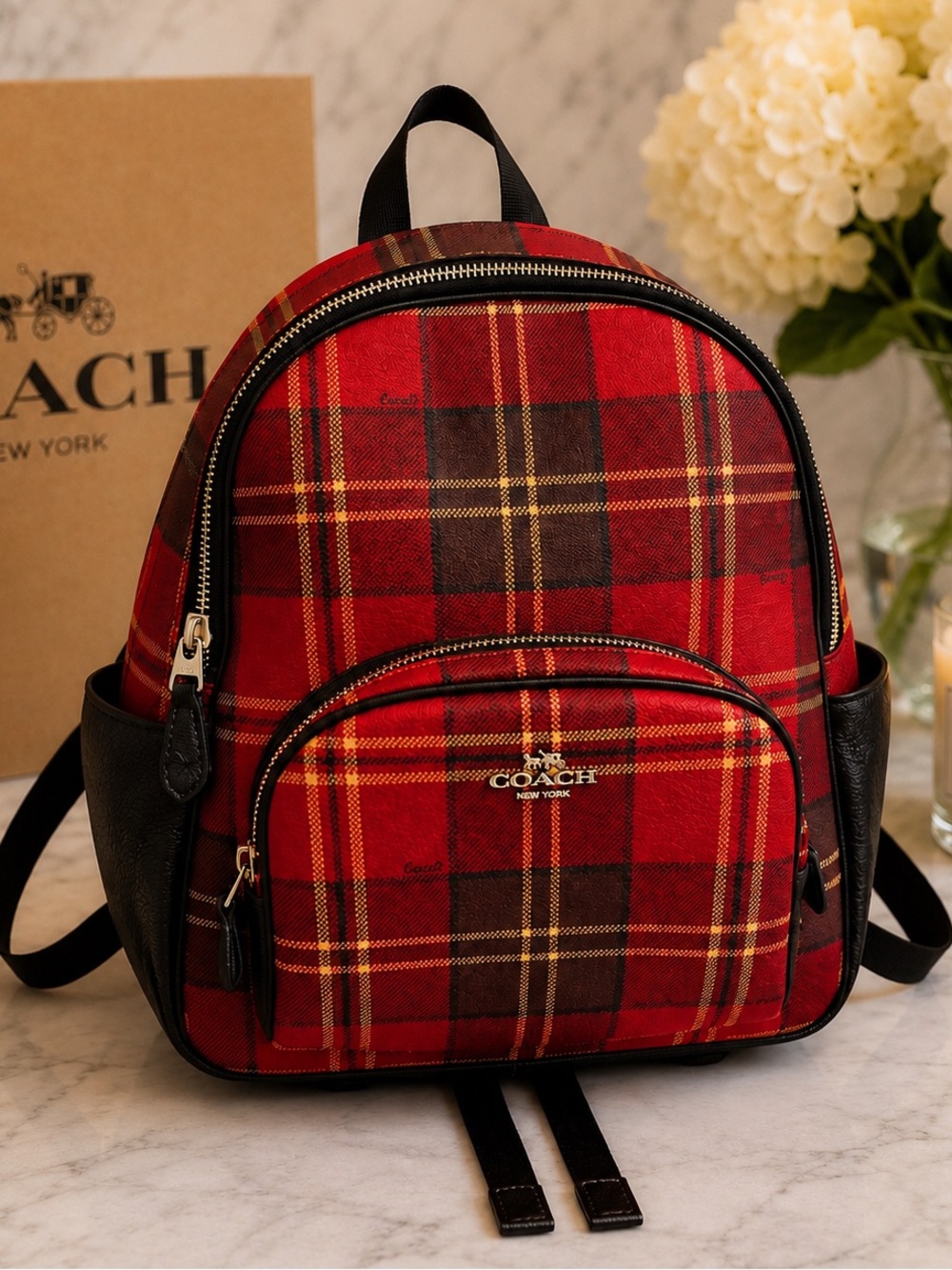 COACH Court Backpack CC145 Red Black Tartan Plaid